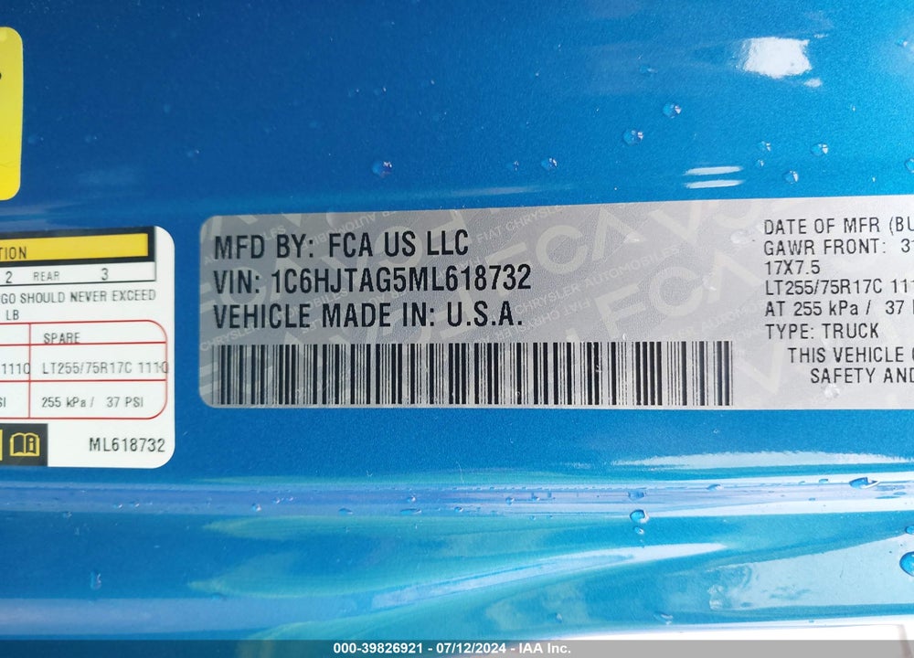 2021 JEEP GLADIATOR WILLYS 4X4 VIN: 1C6HJTAG5ML618732