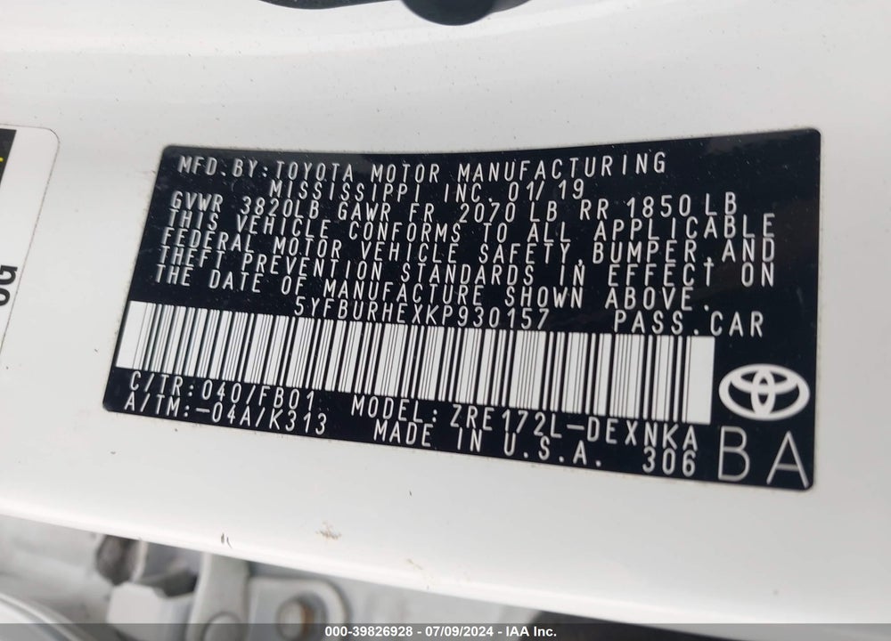 2019 TOYOTA COROLLA LE VIN: 5YFBURHEXKP930157