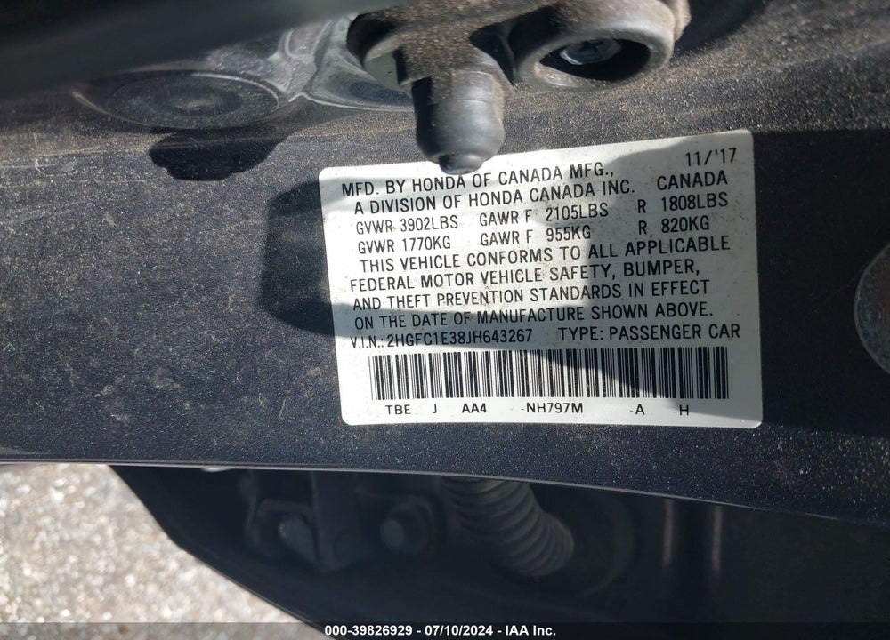 2018 HONDA CIVIC EX-T VIN: 2HGFC1E38JH643267