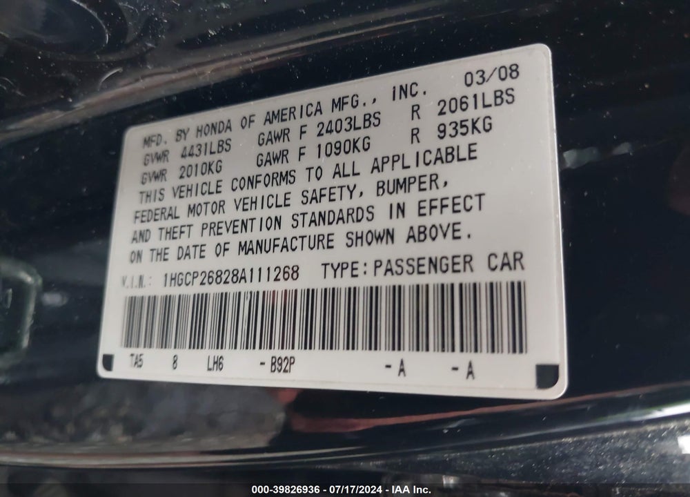 2008 HONDA ACCORD 2.4 EX-L VIN: 1HGCP26828A111268