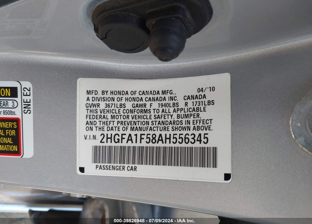 2010 HONDA CIVIC LX VIN: 2HGFA1F58AH556345