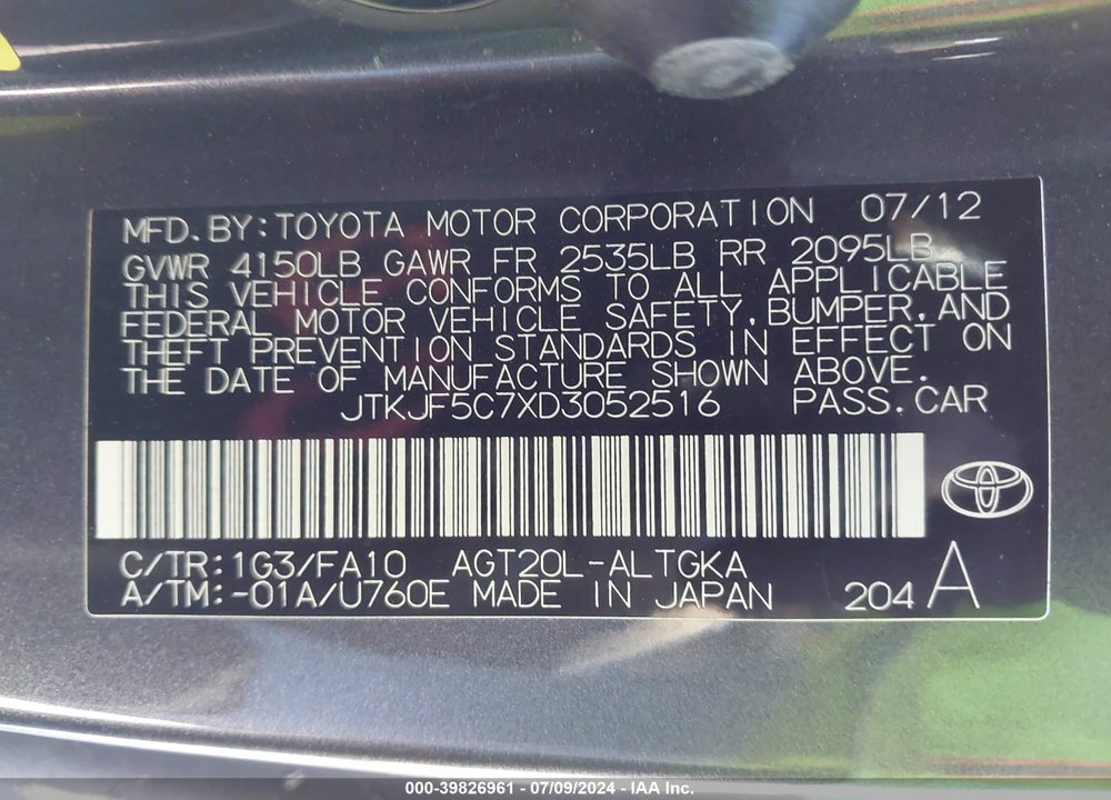 2013 SCION TC VIN: JTKJF5C7XD3052516