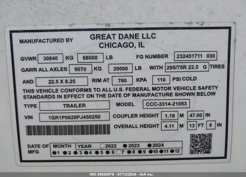 2023 GREAT DANE TRAILERS --- VIN: 1GR1P0629PJ450250