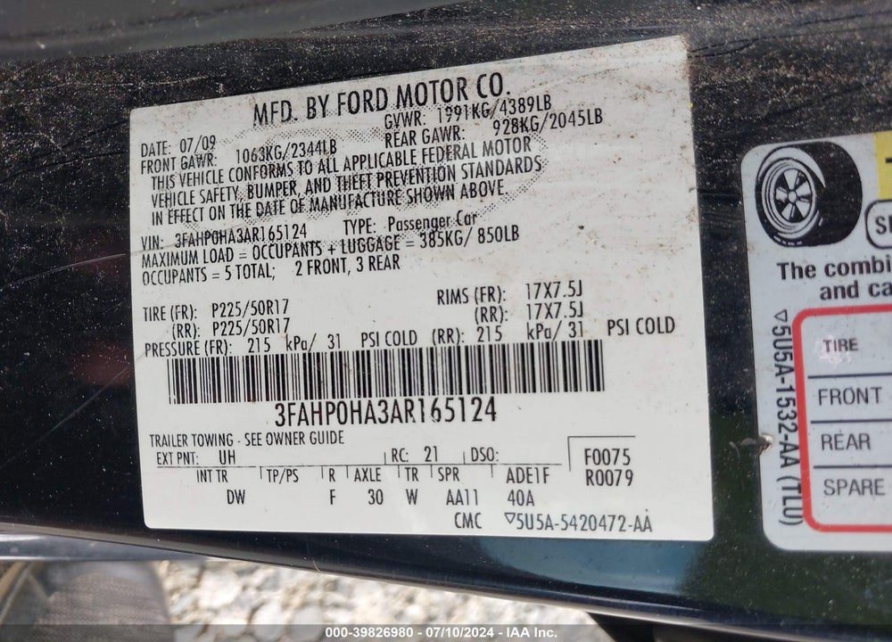 2010 FORD FUSION SE VIN: 3FAHP0HA3AR165124