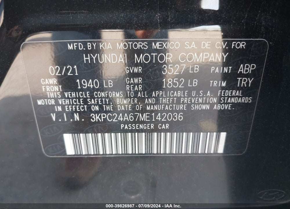 2021 HYUNDAI ACCENT SE VIN: 3KPC24A67ME142036