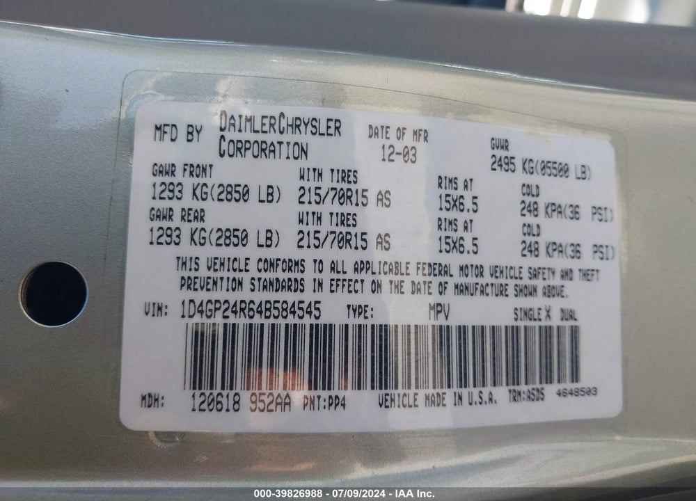 2004 DODGE GRAND CARAVAN SE VIN: 1D4GP24R64B584545