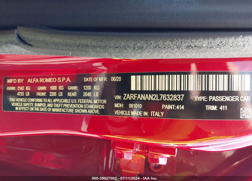 2020 ALFA ROMEO GIULIA AWD VIN: ZARFANAN2L7632837