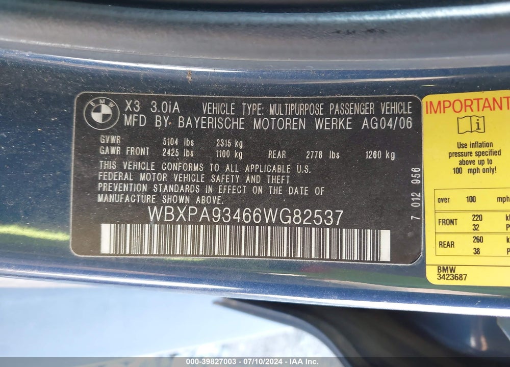 2006 BMW X3 3.0I VIN: WBXPA93466WG82537
