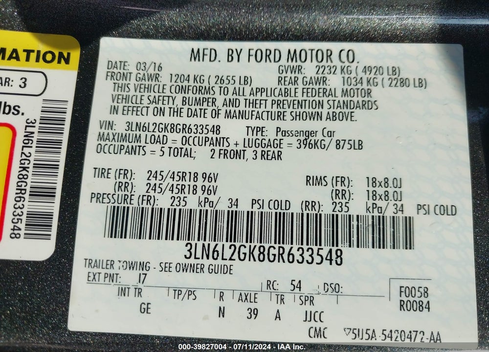 2016 LINCOLN MKZ VIN: 3LN6L2GK8GR633548