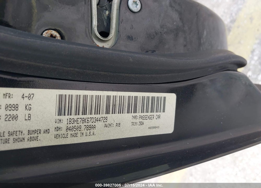 2007 DODGE CALIBER VIN: IB3HE78K67D344729