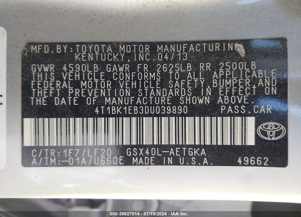 2013 TOYOTA AVALON XLE PREMIUM VIN: 4T1BK1EB3DU039890