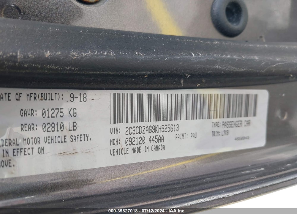 2019 DODGE CHALLENGER SXT VIN: 2C3CDZAG9KH525613