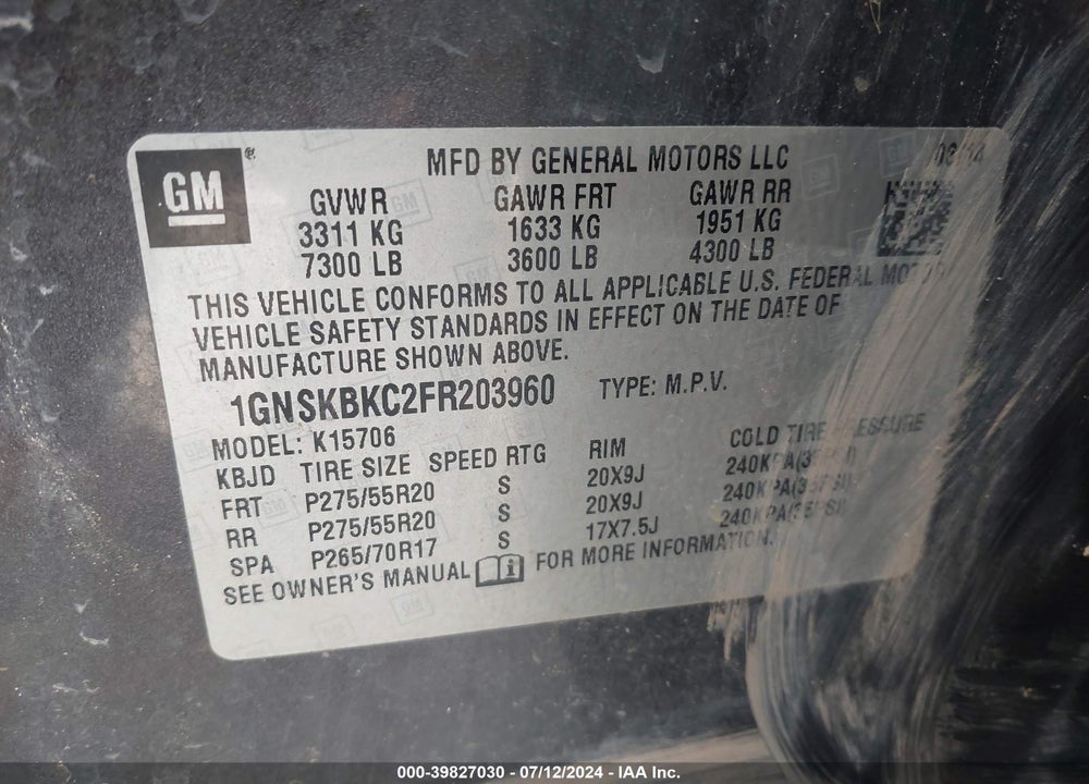 2015 CHEVROLET TAHOE LT VIN: 1GNSKBKC2FR203960