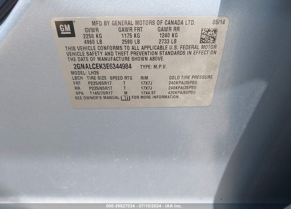 2014 CHEVROLET EQUINOX 2LT VIN: 2GNALCEK3E6344984