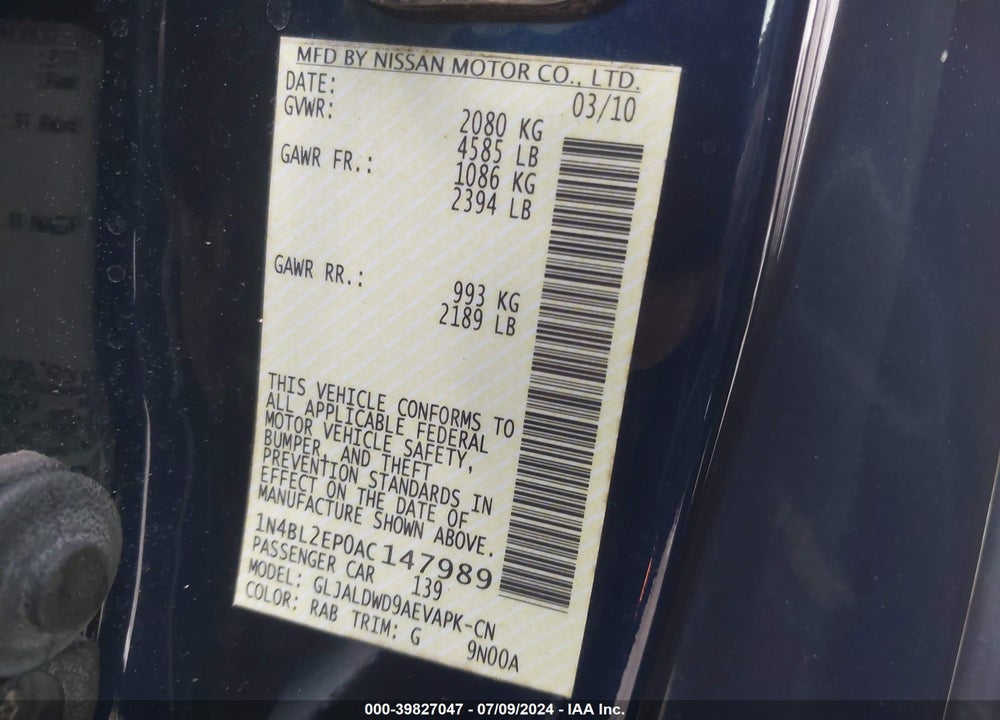 2010 NISSAN ALTIMA 3.5 SR VIN: 1N4BL2EP0AC147989