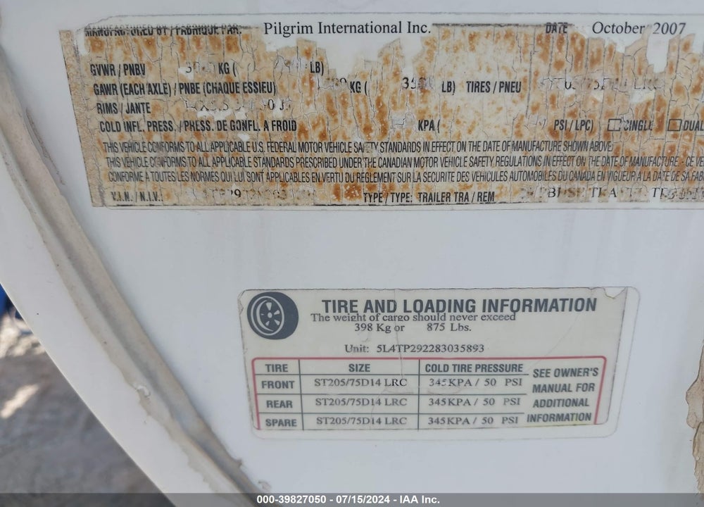 2008 PILGRIM 1500 29 PBHSE VIN: 5L4TP292283035893