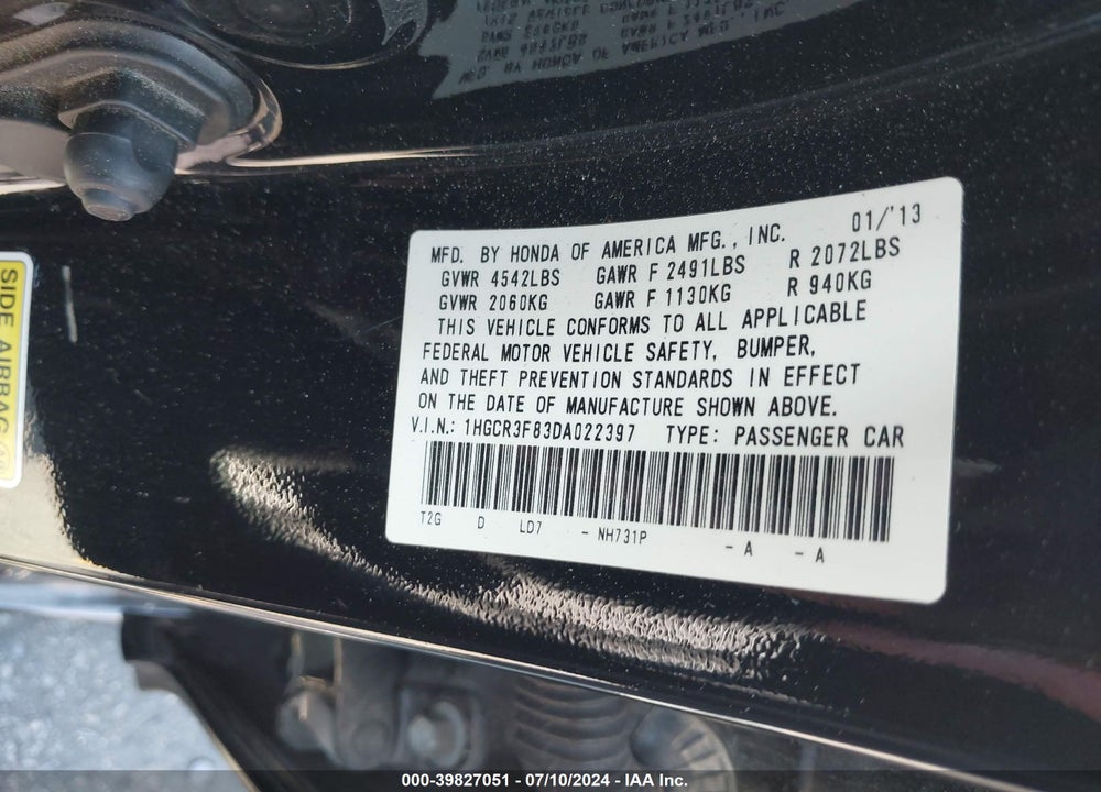 2013 HONDA ACCORD EX-L V-6 VIN: 1HGCR3F83DA022397