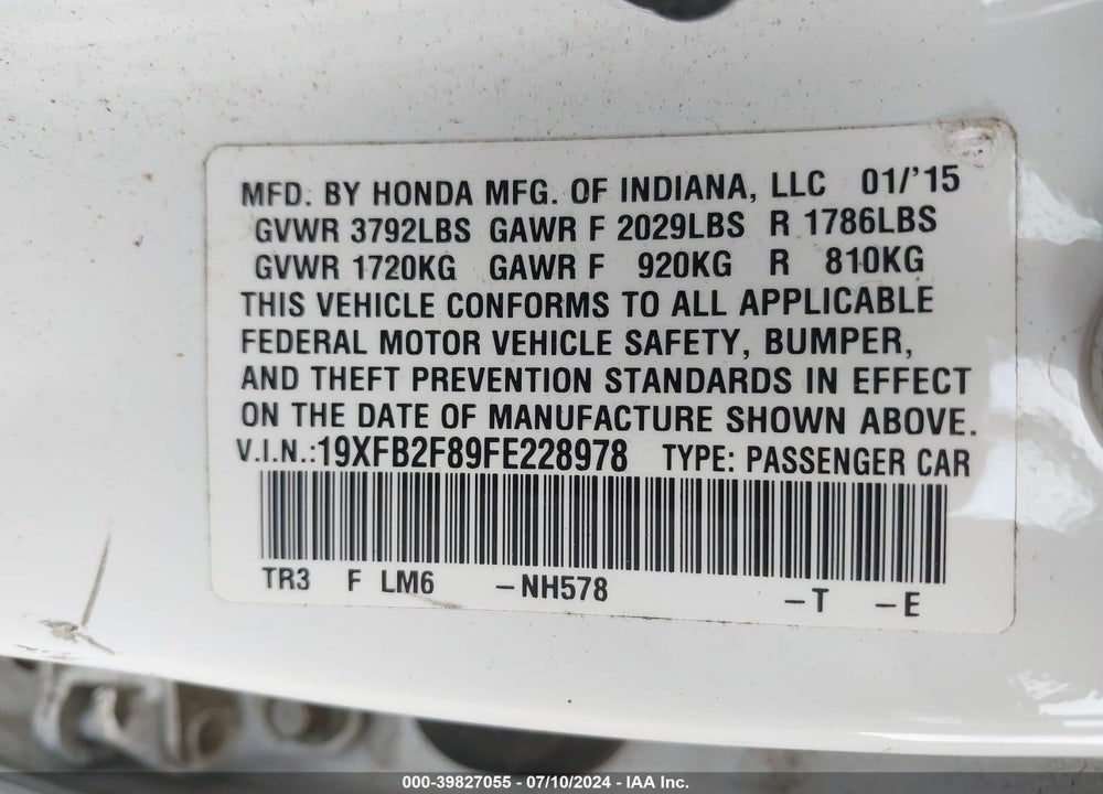 2015 HONDA CIVIC EX VIN: 19XFB2F89FE228978