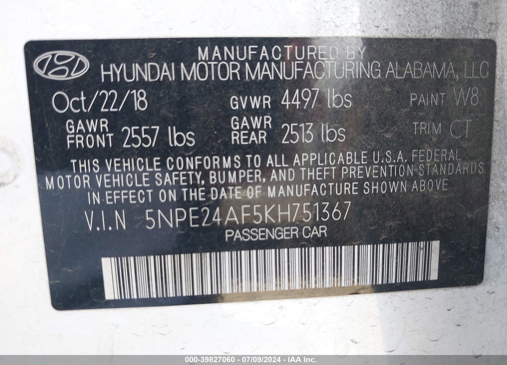 2019 HYUNDAI SONATA SE VIN: 5NPE24AF5KH751367
