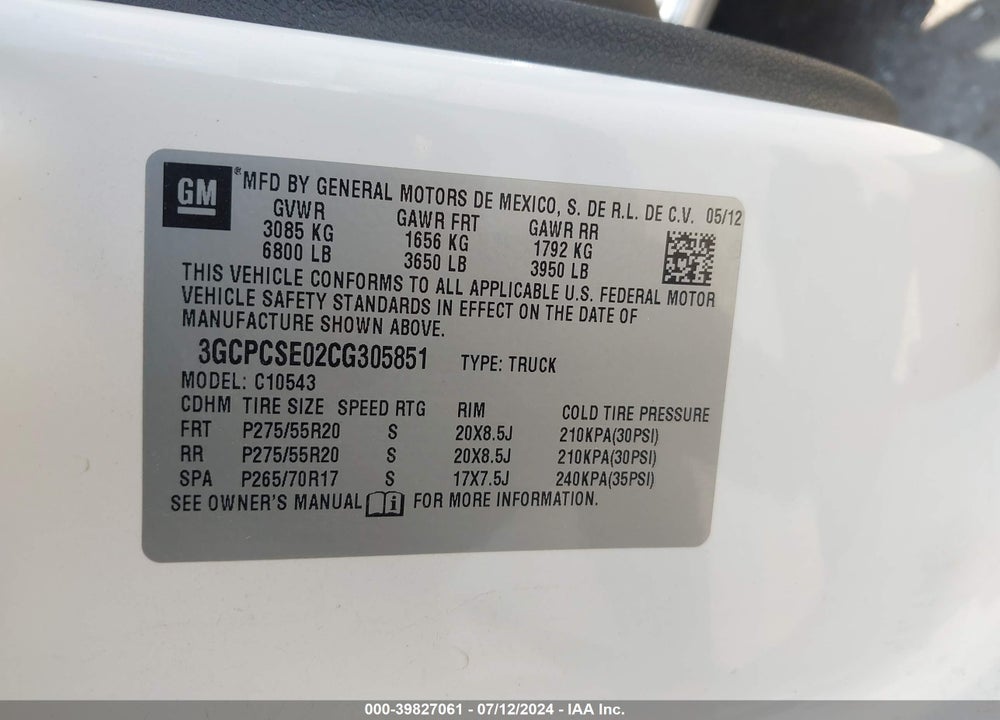 2012 CHEVROLET SILVERADO 1500 LT VIN: 3GCPCSE02CG305851