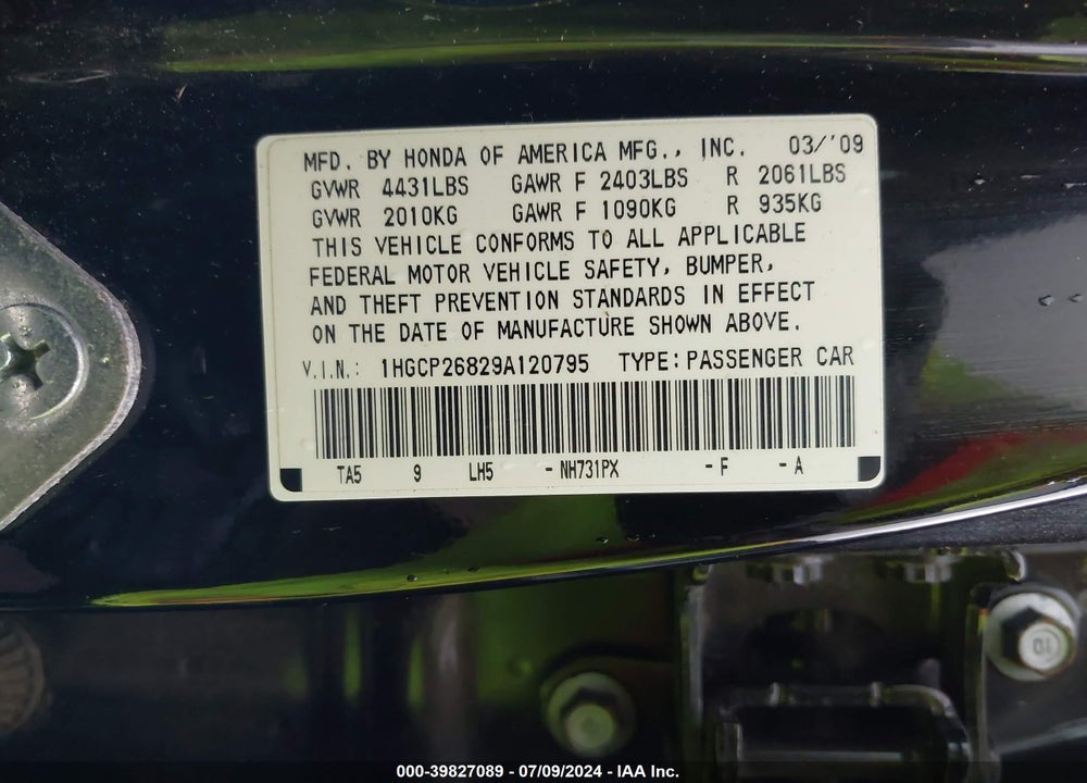 2009 HONDA ACCORD 2.4 EX-L VIN: 1HGCP26829A120795
