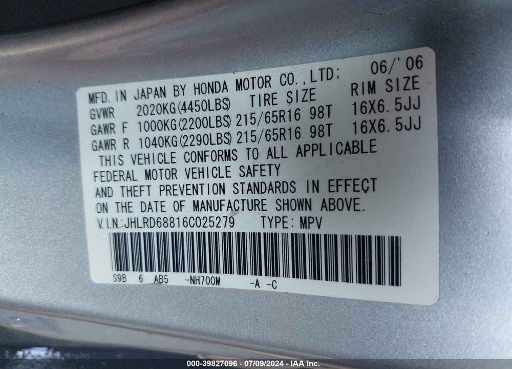 2006 HONDA CR-V EX VIN: JHLRD68816C025279