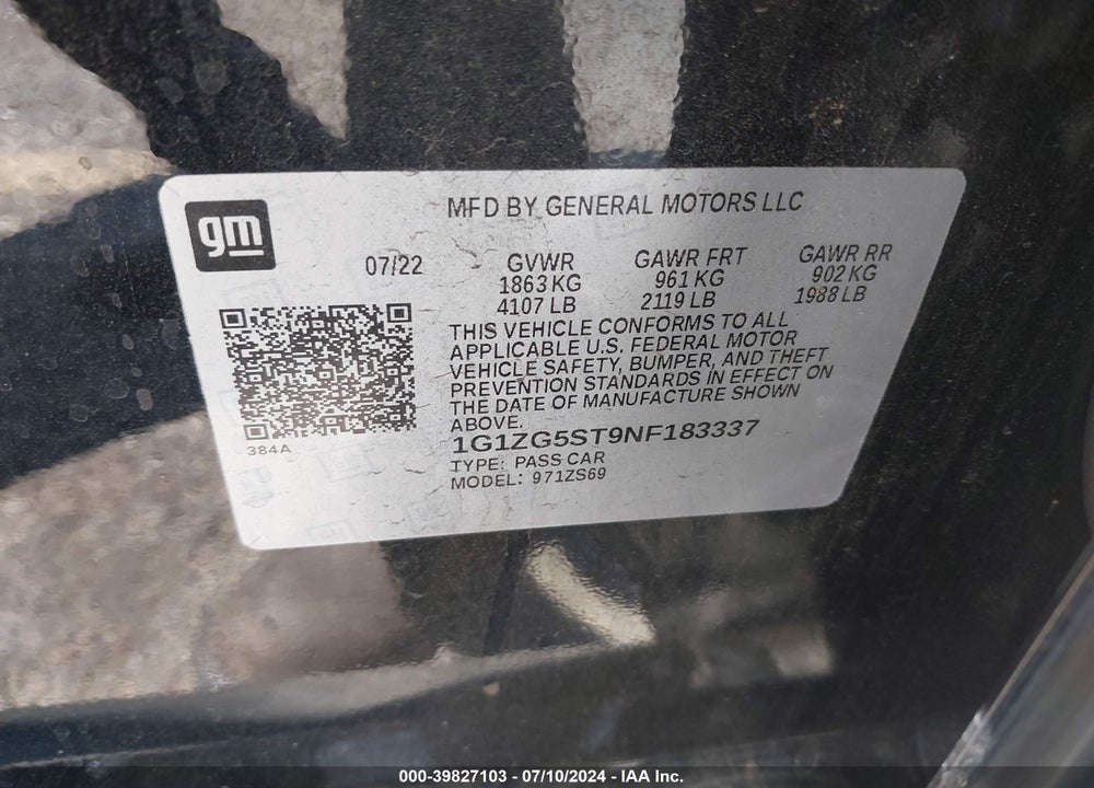2022 CHEVROLET MALIBU FWD RS VIN: 1G1ZG5ST9NF183337