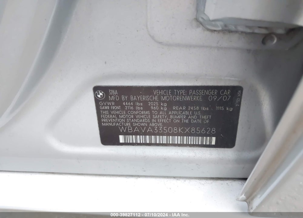 2008 BMW 328I VIN: WBAVA33508KX85628