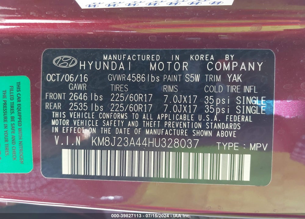 2017 HYUNDAI TUCSON SE VIN: KM8J23A44HU328037