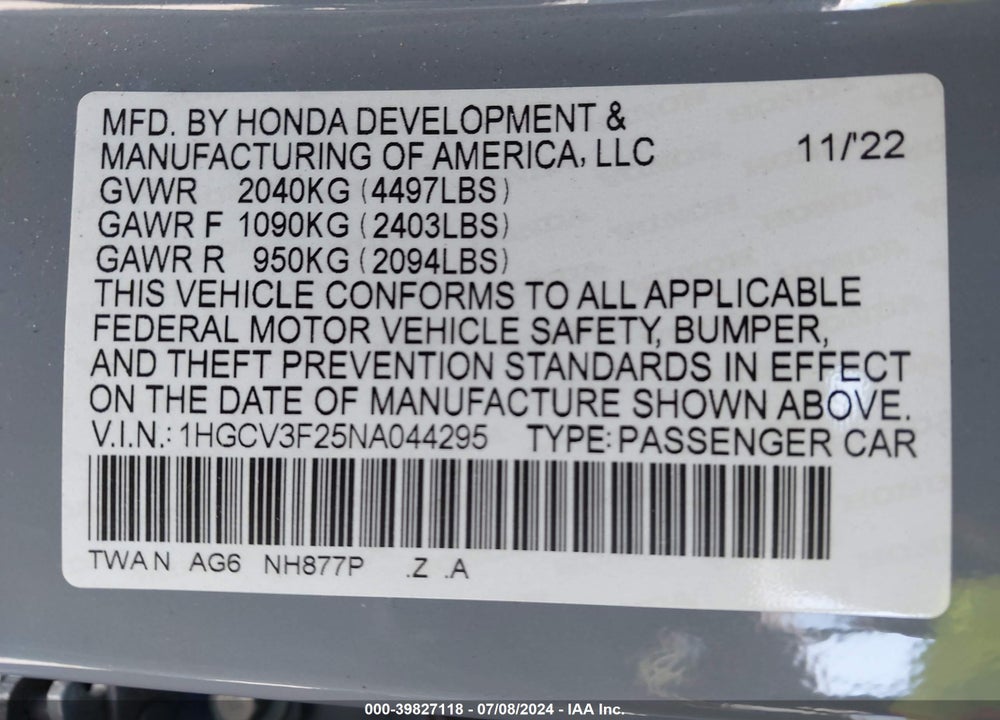 2022 HONDA ACCORD HYBRID SPORT VIN: 1HGCV3F25NA044295