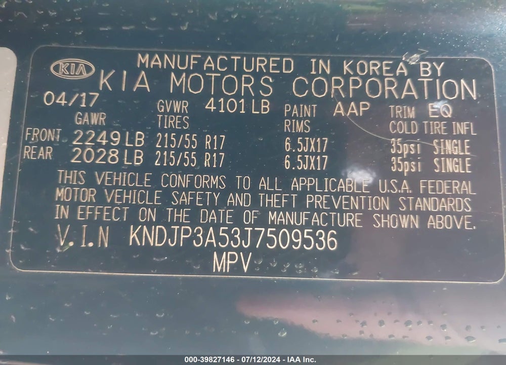 2018 KIA SOUL VIN: KNDJP3A53J7509536