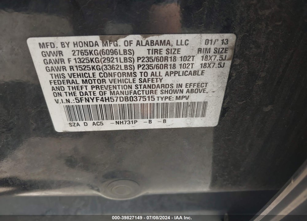 2013 HONDA PILOT EX-L VIN: 5FNYF4H57DB037515