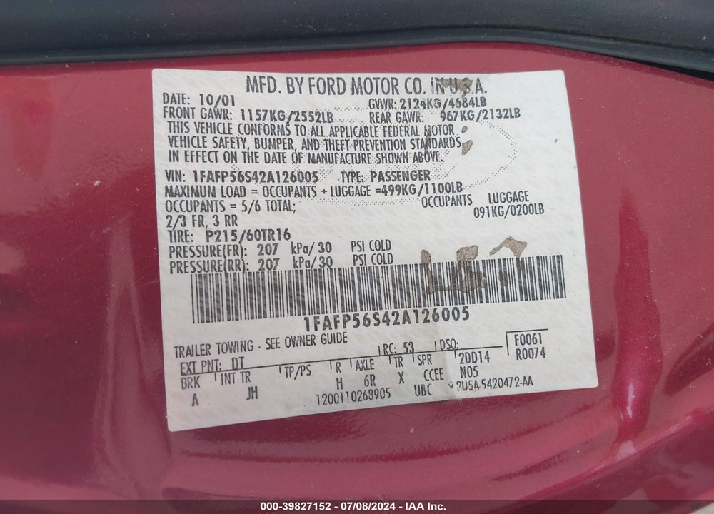 2002 FORD TAURUS SEL VIN: 1FAFP56S42A126005