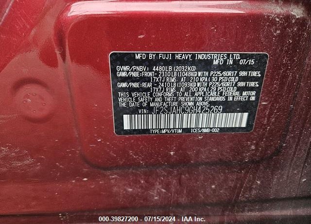 2016 SUBARU FORESTER VIN: JF2SJAHC9GH425269