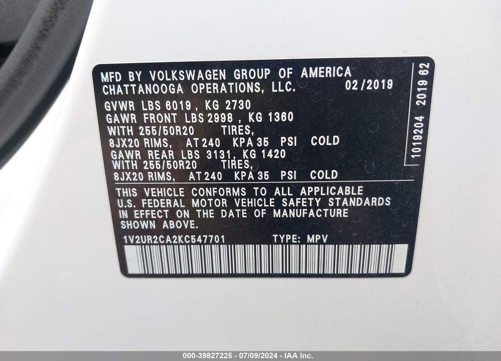 2019 VOLKSWAGEN ATLAS 3.6L V6 SE W/TECHNOLOGY VIN: 1V2UR2CA2KC547701