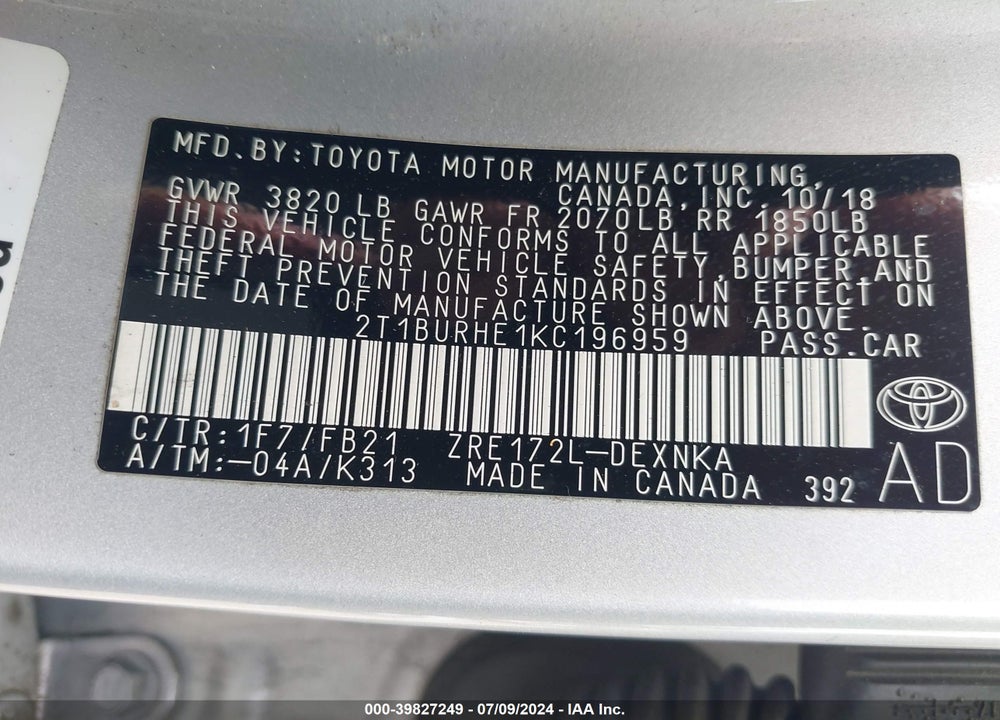 2019 TOYOTA COROLLA LE VIN: 2T1BURHE1KC196959