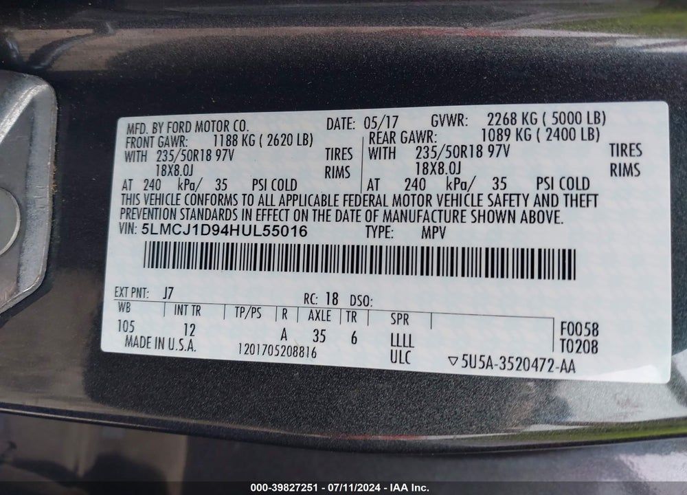 2017 LINCOLN MKC PREMIERE VIN: 5LMCJ1D94HUL55016