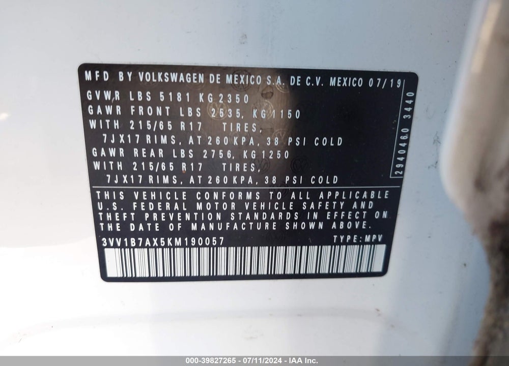 2019 VOLKSWAGEN TIGUAN VIN: 3VV1B7AX5KM190057