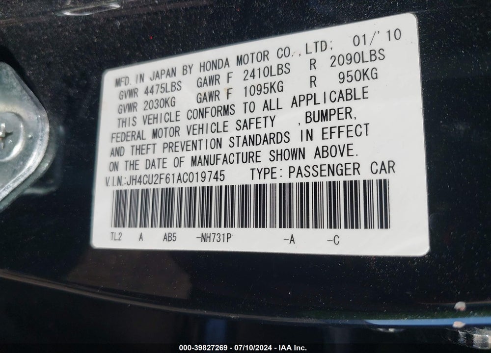 2010 ACURA TSX 2.4 VIN: JH4CU2F61AC019745