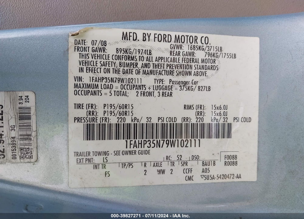 2009 FORD FOCUS SE VIN: 1FAHP35N79W102111