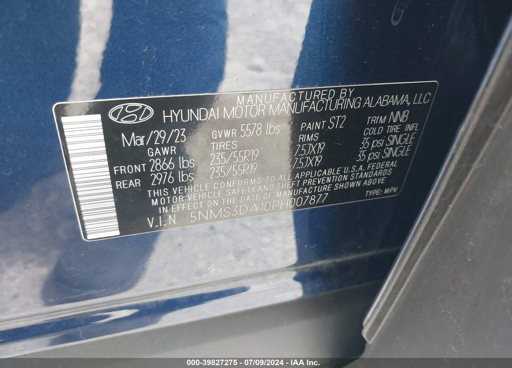 2023 HYUNDAI SANTA FE HYBRID SEL PREMIUM VIN: 5NMS3DA10PH007877