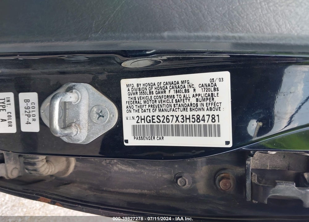 2003 HONDA CIVIC EX VIN: 2HGES267X3H584781
