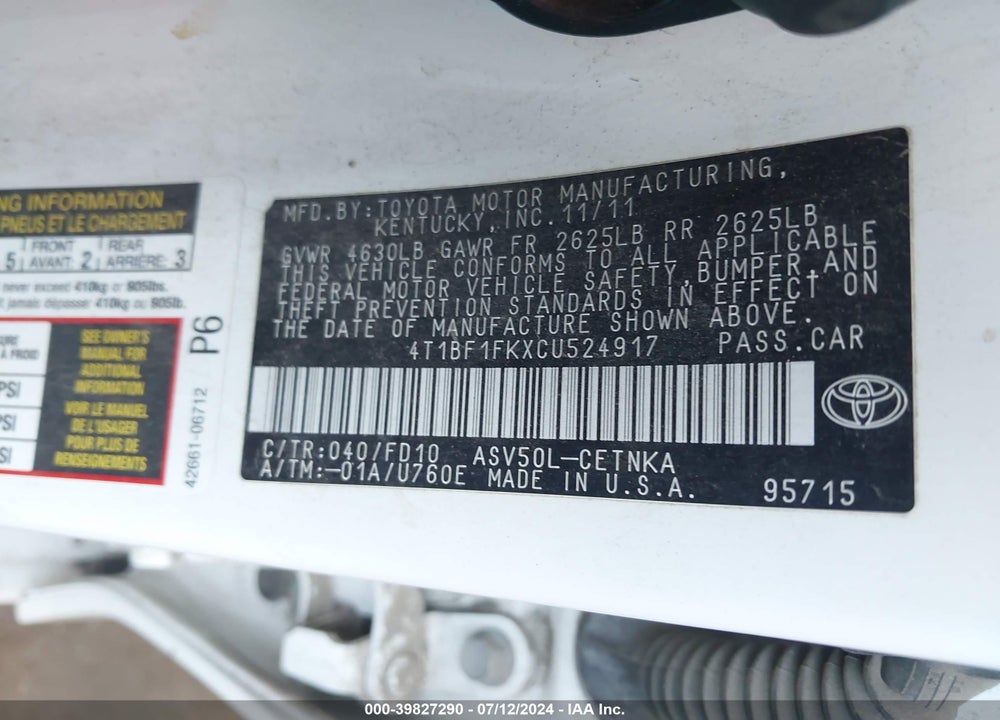 2012 TOYOTA CAMRY LE VIN: 4T1BF1FKXCU524917