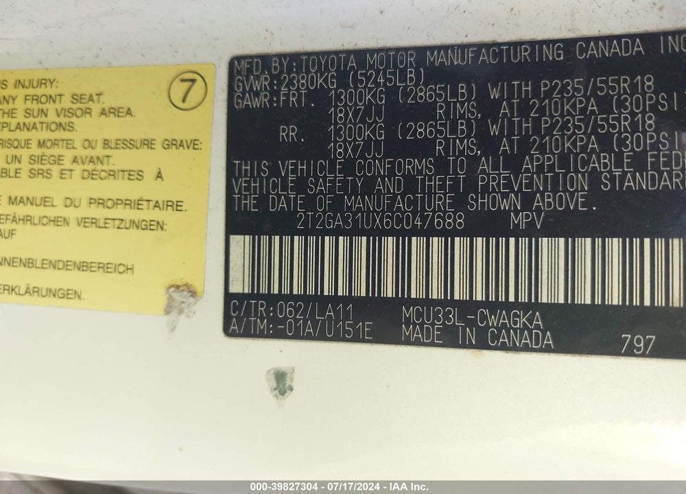 2006 LEXUS RX 330 VIN: 2T2GA31UX6C047688