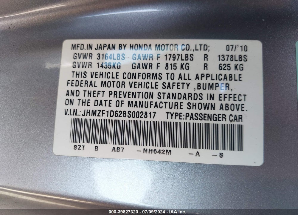 2011 HONDA CR-Z EX VIN: JHMZF1D62BS002817