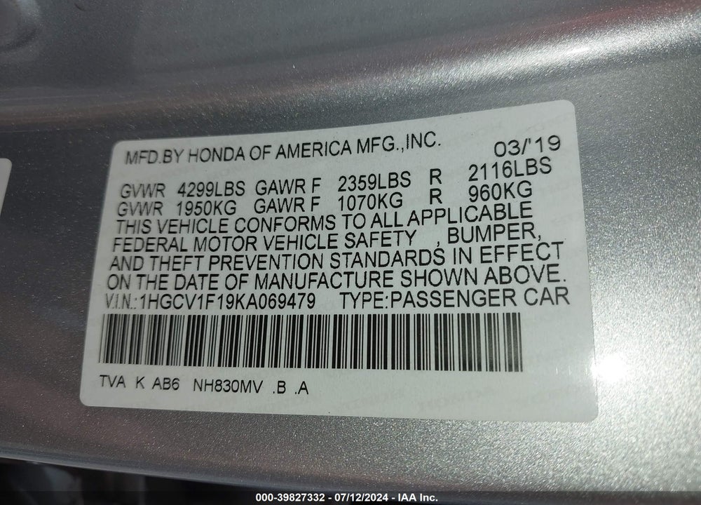 2019 HONDA ACCORD LX VIN: 1HGCV1F19KA069479
