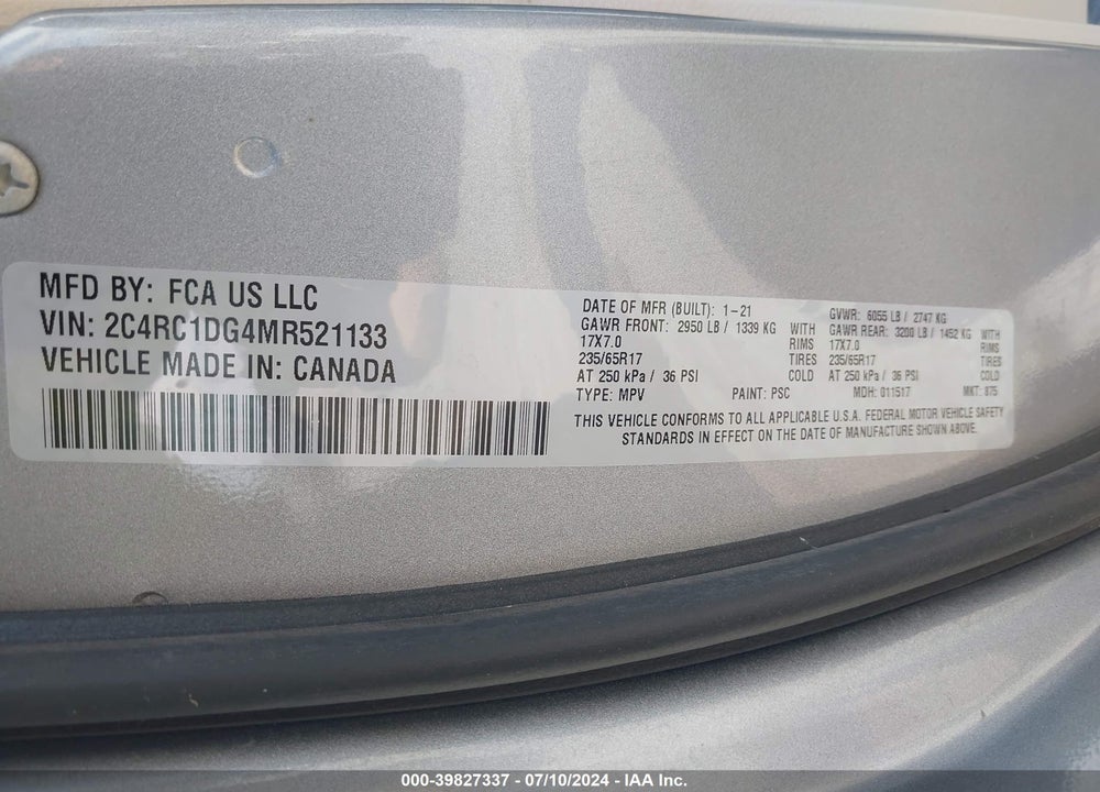 2021 CHRYSLER VOYAGER LXI VIN: 2C4RC1DG4MR521133