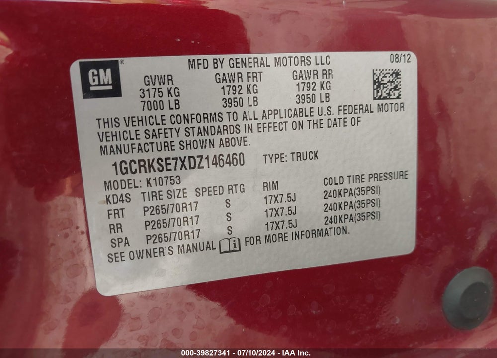 2013 CHEVROLET SILVERADO 1500 LT VIN: 1GCRKSE7XDZ146460