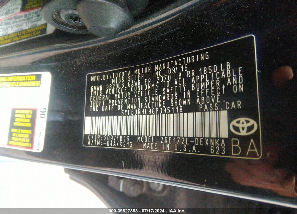 2016 TOYOTA COROLLA LE VIN: 5YFBURHE9GP395118