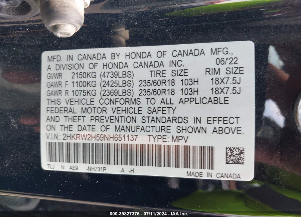 2022 HONDA CR-V AWD EX VIN: 2HKRW2H59NH651137